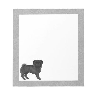 Black Pug Dog Cute Cartoon Illustration Grey Edges Notepad