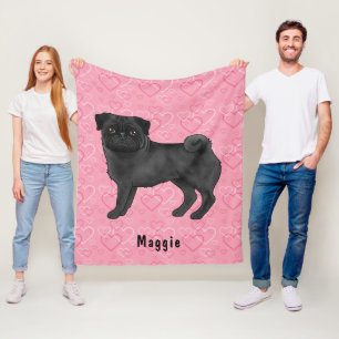 Black Pug Dog Cute Mops And Pink Hearts With Name Fleece Blanket