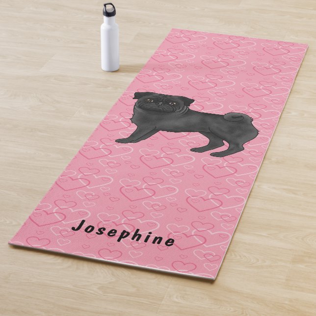 Black Pug Dog Cute Mops And Pink Hearts With Name Yoga Mat (In Situ)