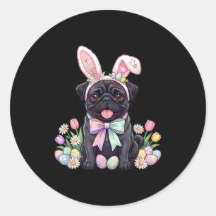 Black pug dog easter bunny eggs cute spring floral classic round sticker