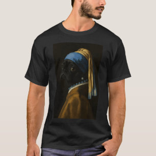 Black Pug Dog Girl Pearl Earing Painting Art Mum D T-Shirt