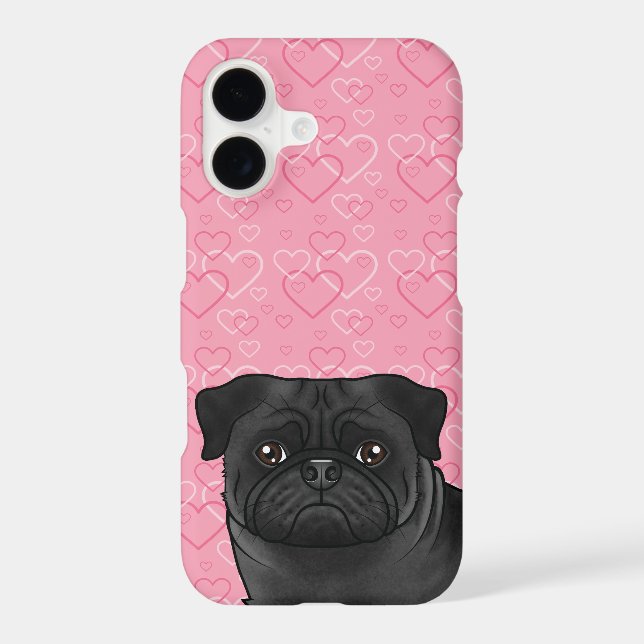 Black Pug Dog Head Close-Up On Pink Love Hearts (Back)