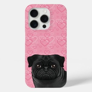 Black Pug Dog Head Close-Up On Pink Love Hearts iPhone 15 Pro Case