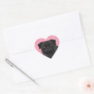 Black Pug Dog Head Close-Up On Pink Love Hearts Heart Sticker