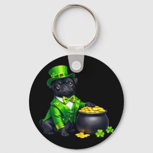 Black pug dog leprechaun shamrocks st patrick's key ring