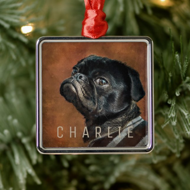 Black Pug Dog Metal Ornament (Tree)