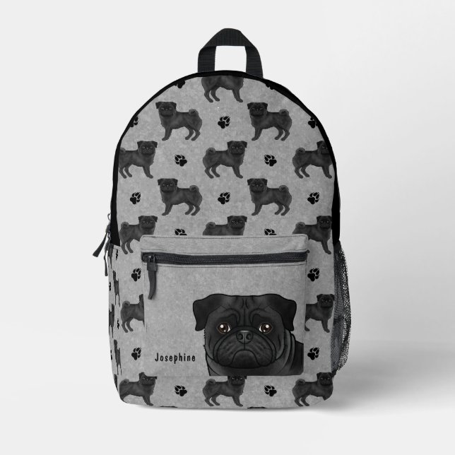 Black Pug Dog Mops Design Pattern With Name Grey Printed Backpack (Front)