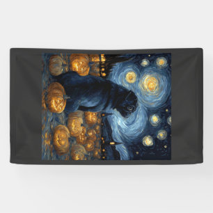 Black Pug dog of van gogh starry night halloween F Banner
