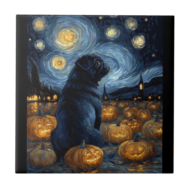 Black Pug dog of van gogh starry night halloween F Ceramic Tile (Front)