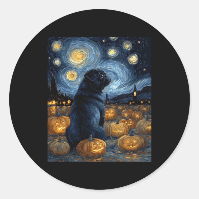 Black Pug dog of van gogh starry night halloween F Classic Round Sticker (Front)