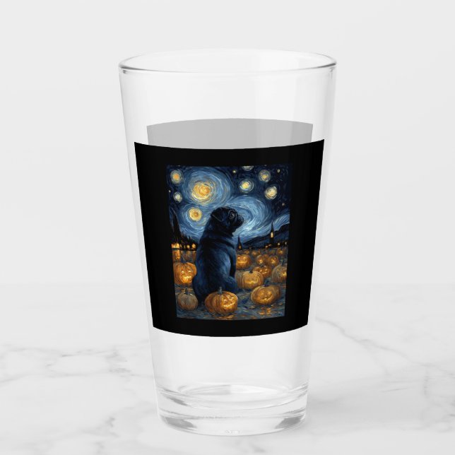 Black Pug dog of van gogh starry night halloween F Glass (Front)