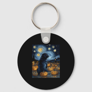 Black Pug dog of van gogh starry night halloween F Key Ring