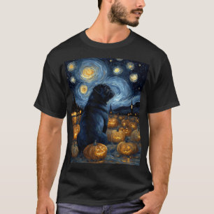 Black Pug dog of van gogh starry night halloween F T-Shirt