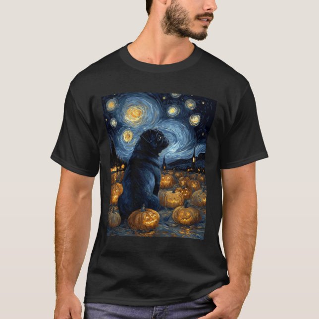 Black Pug dog of van gogh starry night halloween F T-Shirt (Front)