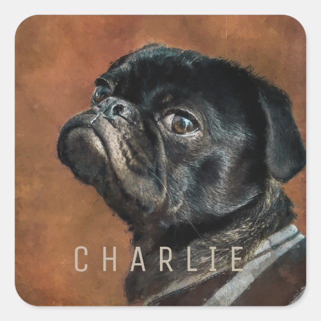Black Pug Dog Personalised Square Sticker (Front)
