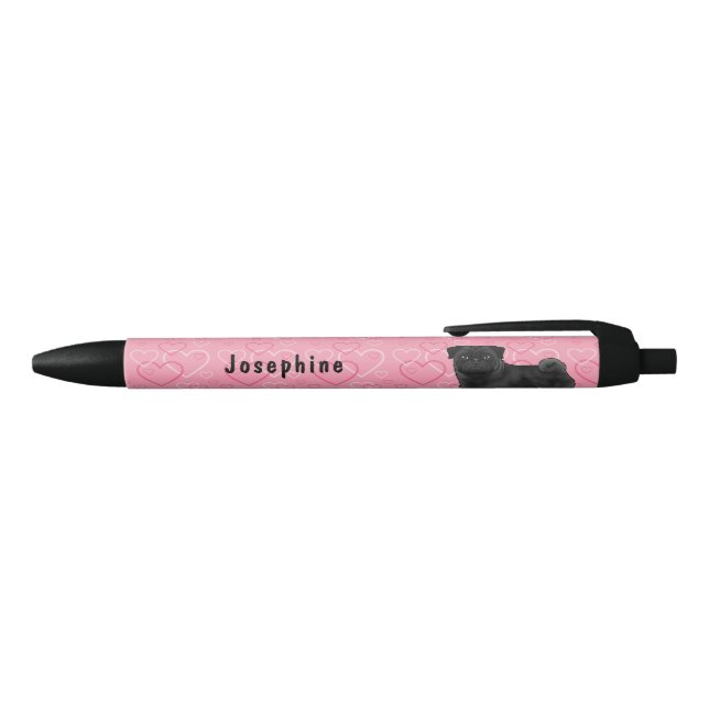 Black Pug Dog Pink Love Hearts Pattern With Name Ink Pen (Top)