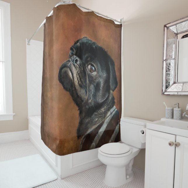 Black Pug Dog Shower Curtain (In Situ)