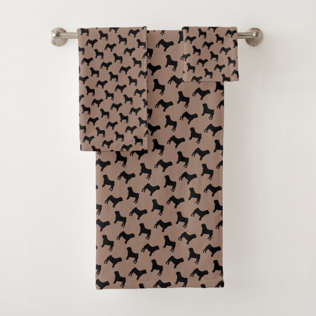 Black Pug Dog  Silhouttes on Khaki Beige Bath Towel Set (Insitu)