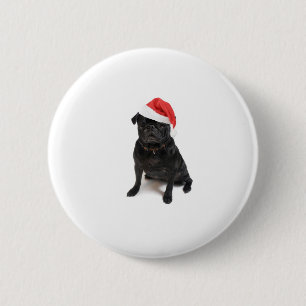 Black pug dog with red santa hat 6 cm round badge