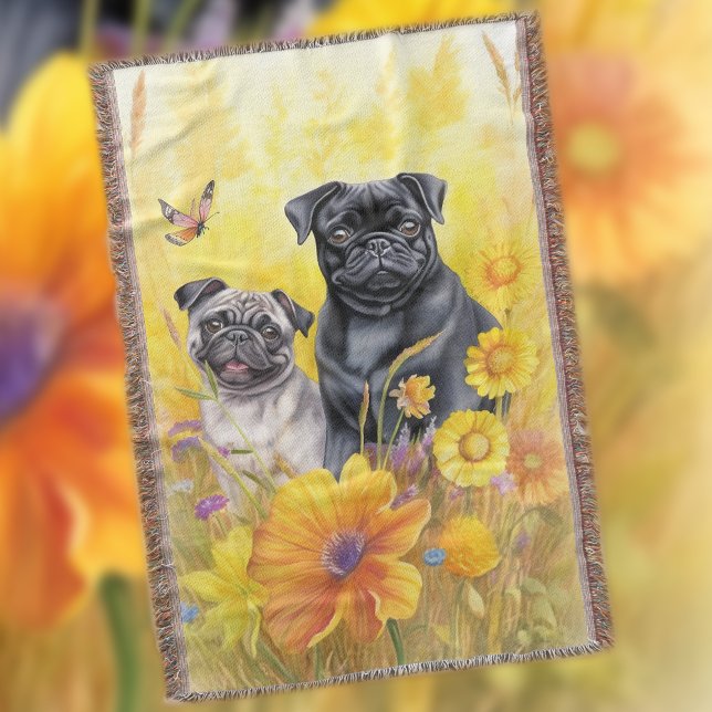 Black Pug Fawn Field Yellow Wildflowers Dog Lover Throw Blanket (Creator Uploaded)