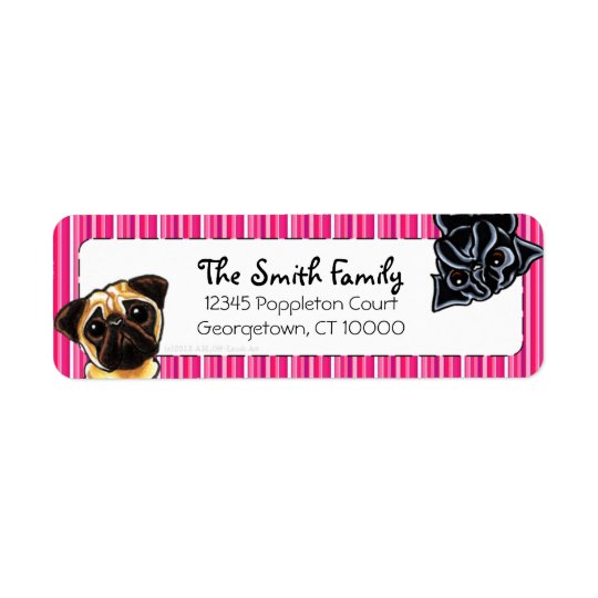 Black Pug Fawn Pug Up Down Pink Stripes Return Address Label