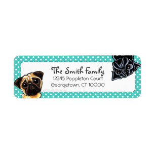 Black Pug Fawn Pug Up Down Teal Dots Return Address Label