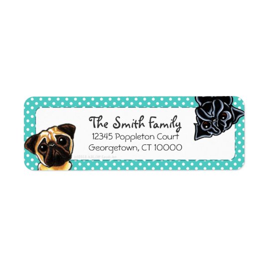 Black Pug Fawn Pug Up Down Teal Dots Return Address Label