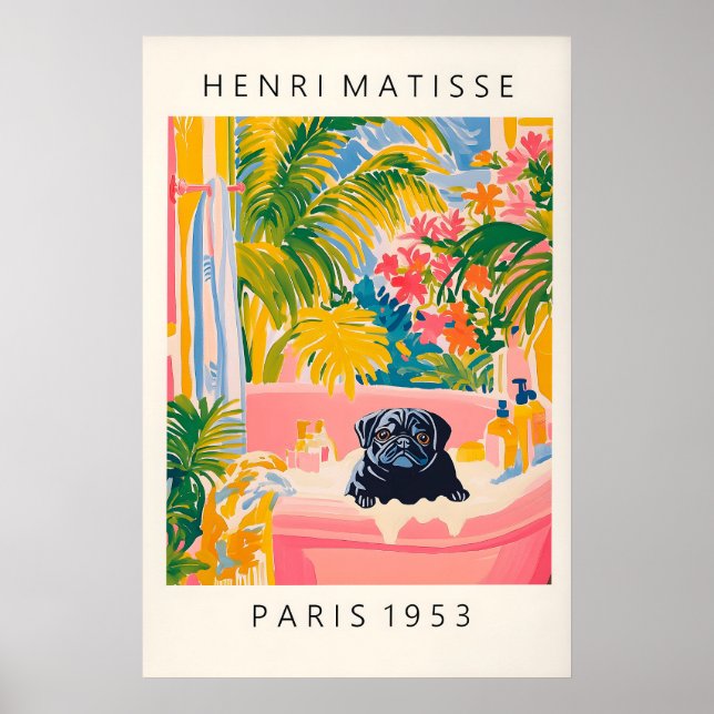 Black Pug in Bathtub Art Print Funny Dog Bathroom (Front)