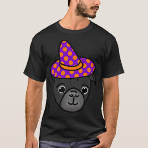 Black Pug in Polka dot Witch Hat T-Shirt