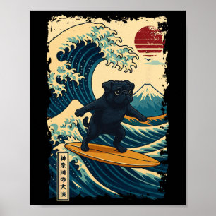 Black Pug Japanese Kanagawa Wave Surfing Japan Mom Poster