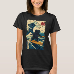 Black Pug Japanese Kanagawa Wave Surfing Japan Mom T-Shirt
