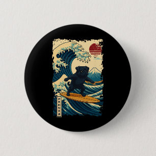 Black Pug Japanese Kanagawa Wave Surfing Japan Mum 6 Cm Round Badge