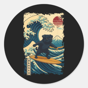 Black Pug Japanese Kanagawa Wave Surfing Japan Mum Classic Round Sticker