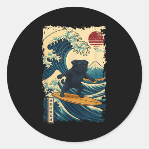 Black Pug Japanese Kanagawa Wave Surfing Japan Mum Classic Round Sticker