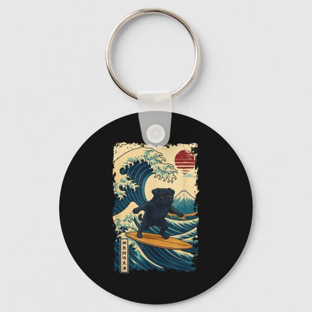 Black Pug Japanese Kanagawa Wave Surfing Japan Mum Key Ring (Front)
