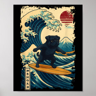 Black Pug Japanese Kanagawa Wave Surfing Japan Mum Poster