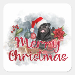 Black Pug Merry Christmas with Poinsettia Flower Square Sticker