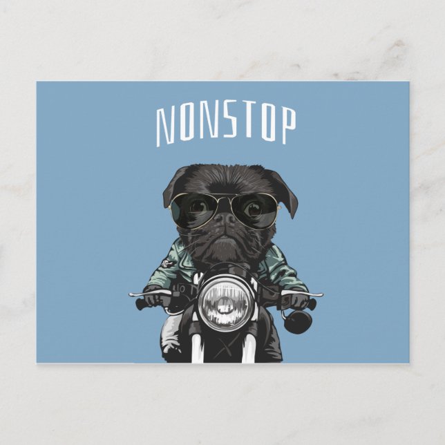 Black Pug on A  Motorcycle illustration Postcard (Front)