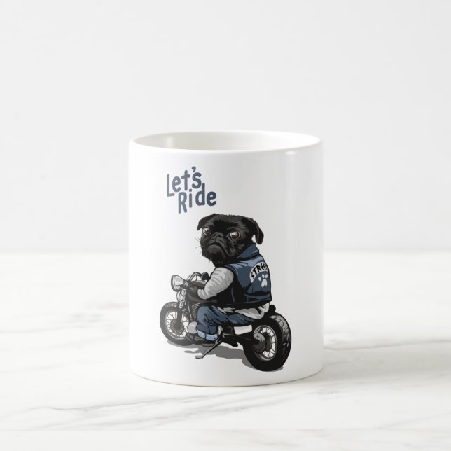 Black pug on motorcycle cartoon illustration coffee mug (Center)
