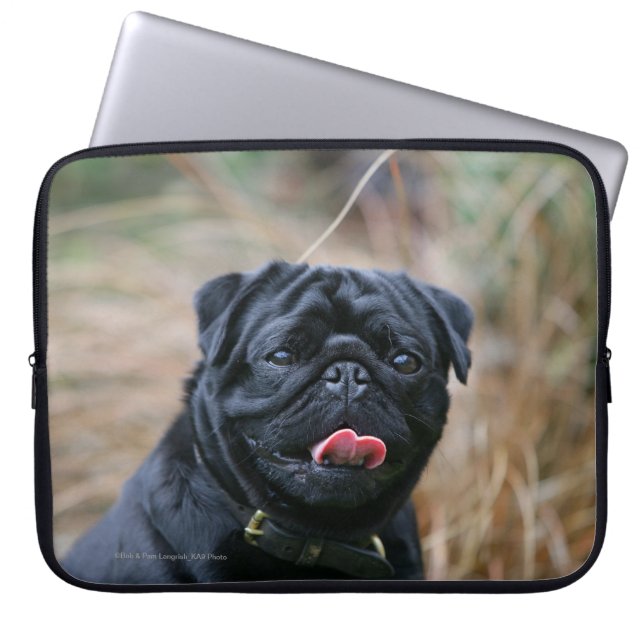 Black Pug Panting While Looking at Camera Laptop Sleeve (Front)