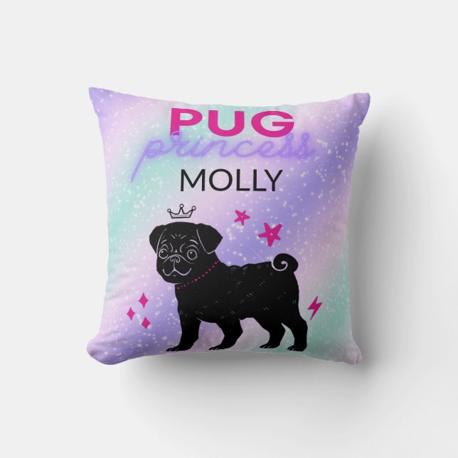 BLACK" PUG PRINCESS" THROW PILLOW PERSONALIZED. (Front)