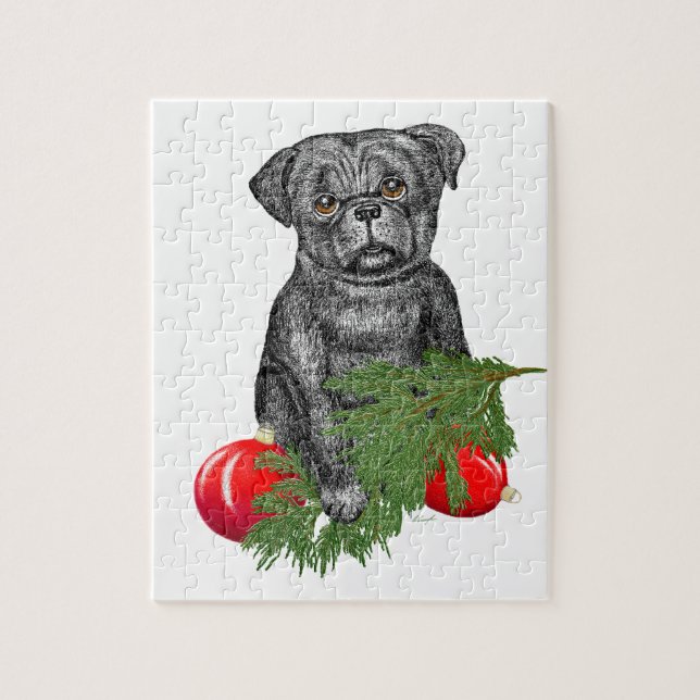 Black Pug Puppy Adorable Christmas Art Jigsaw Puzzle (Vertical)