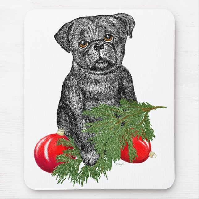 Black Pug Puppy Adorable Christmas Art Mouse Pad (Front)