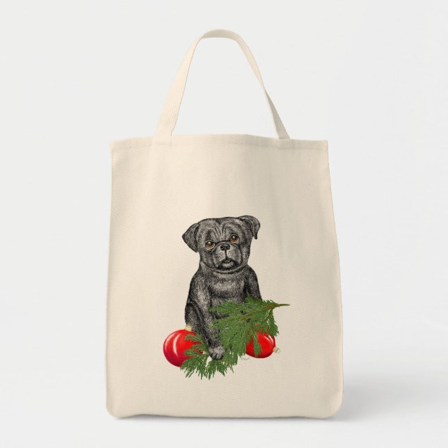 Black Pug Puppy Adorable Christmas Art Tote Bag (Front)