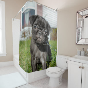 Black pug puppy shower curtain