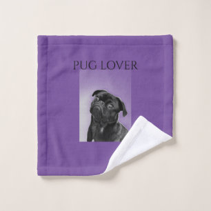 Black pug purple wash cloth. wash cloth