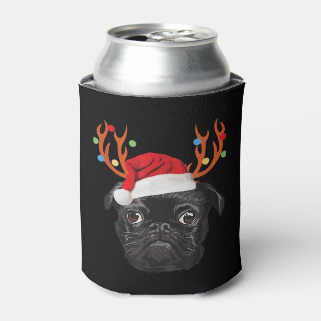 Black Pug Santa Christmas Reindeer Christmas Light Can Cooler (Can Front)