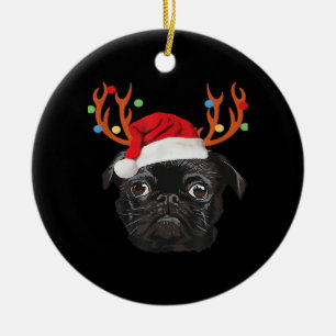 Black Pug Santa Christmas Reindeer Christmas Light Ceramic Ornament