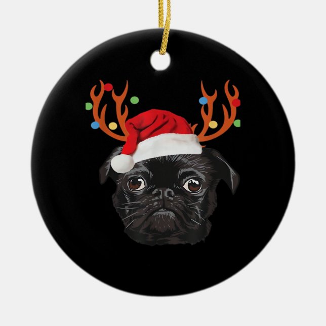 Black Pug Santa Christmas Reindeer Christmas Light Ceramic Ornament (Front)