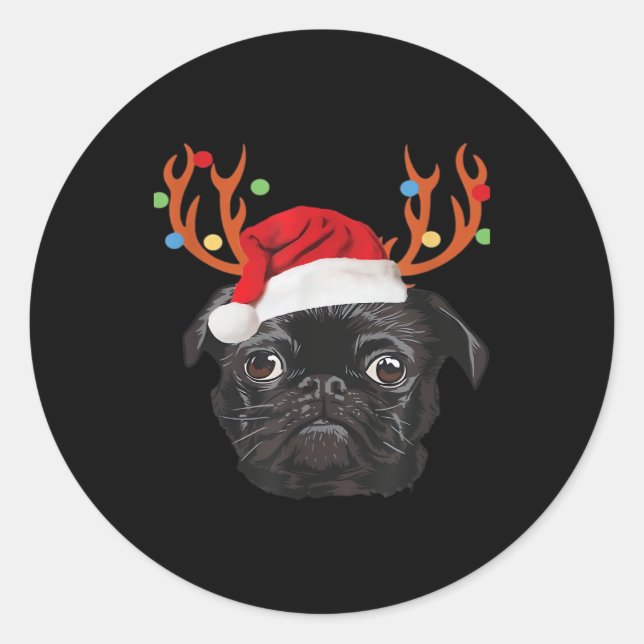 Black Pug Santa Christmas Reindeer Christmas Light Classic Round Sticker (Front)